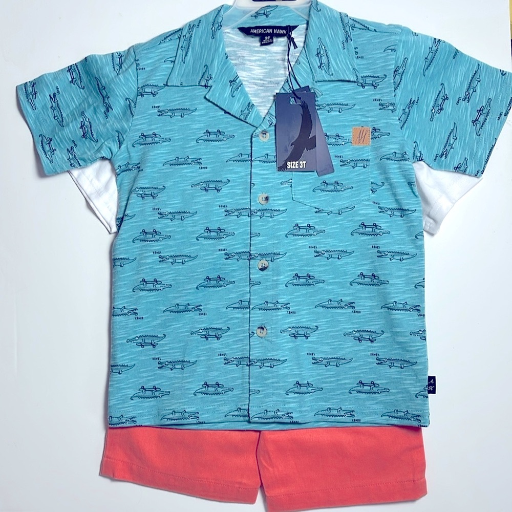 3 pc boys jersey set. Knit shirt, jersey tee, twill short. NWT.